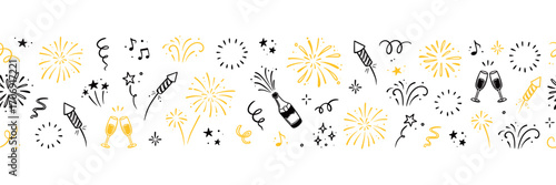 New year firework background. Hand drawn festive background with doodle firework, star and confetti sketch for birthday, party or new year design. Doodle party festive pattern. Vector illustration