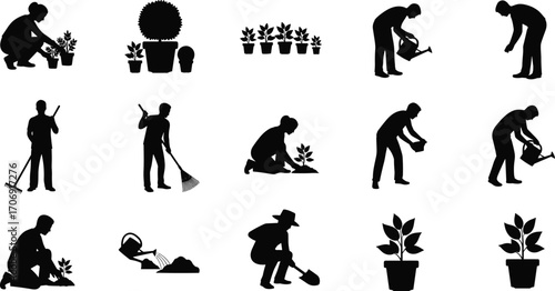 Silhouettes of people gardening, planting, watering, raking, potted plants, outdoor garden care, nature, soil preparation, green lifestyle, plant growth