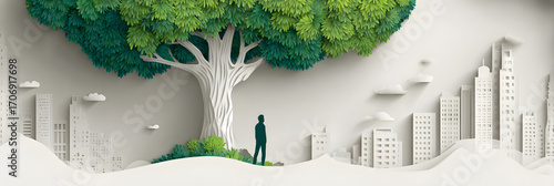 The person who knows. Tree, Achieve sustainable growth, World Environment Day. White eco urban city and nature landscape background paper art style.