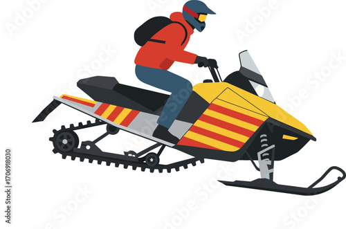 Illustration of a person riding a snowmobile on a white background