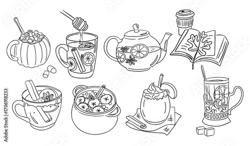 Black and white illustration of cozy fall drinks, mugs, teapot and seasonal ingredients. Hand drawn coloring page representing warmth, comfort and autumn beverage traditions