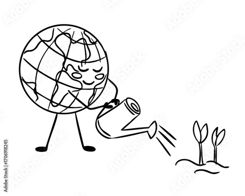 Cute doodle of Earth character watering young sprouts with a watering can. Environmental illustration symbolizing care for nature, sustainability and eco-friendly mindset