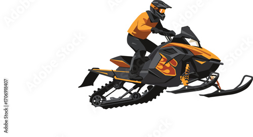 Motorized Snow Vehicle Rider in Action with Orange Gear and Black Snowmobile