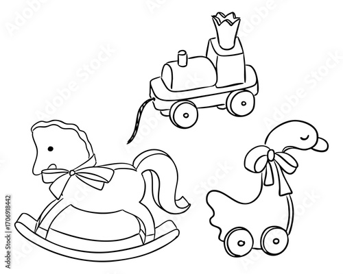 Line drawing of vintage baby toys including a rocking horse, pull-along duck and train. Adorable illustration symbolizing early childhood, playtime and classic nursery decor