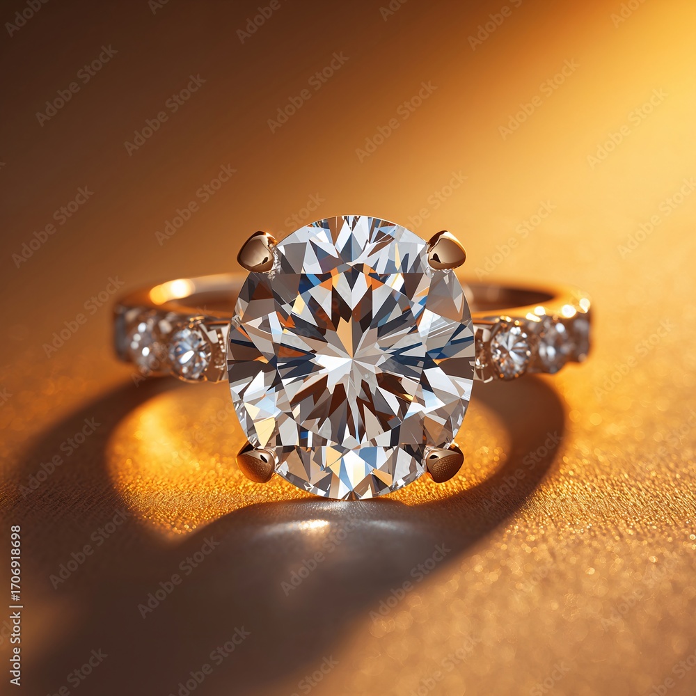 Fototapeta premium Epic Diamond Ring with Sparkling Gemstone against Dramatic Golden Light