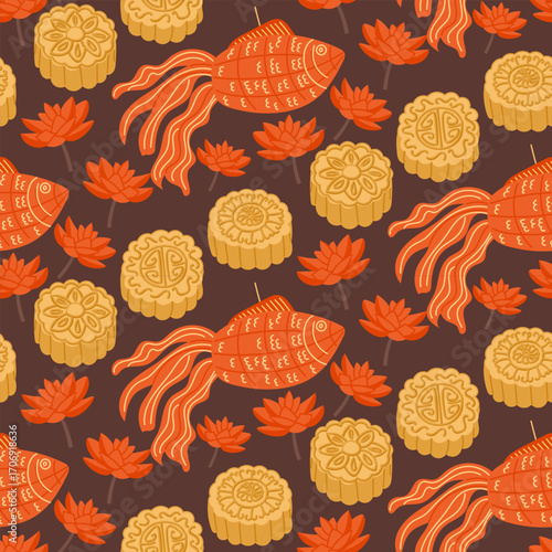 Seamless pattern with mooncakes, koi fish lanterns and lotus flowers on dark background. Festive design symbolizing Mid-Autumn Festival, prosperity and Chinese tradition