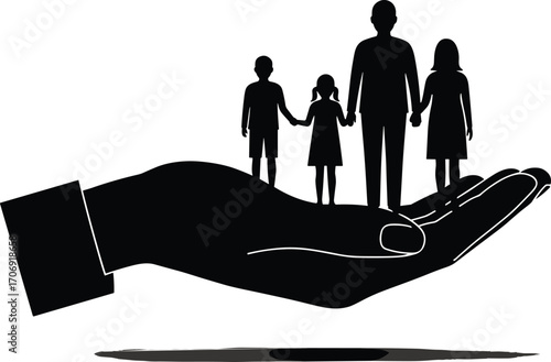 Silhouette of Family Holding Hands in Palm, Symbolizing Protection, Care, Family Bonding, Parental Support, Family Concept, Vector Illustration