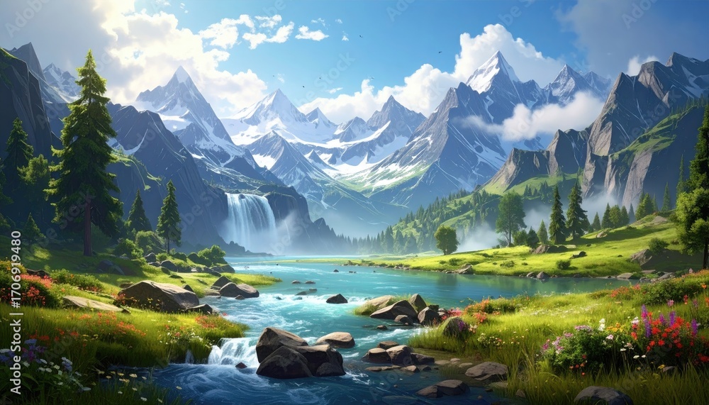 Fototapeta premium Alpine valley scene with a clear river, snow-capped mountains, and lush green vegetation