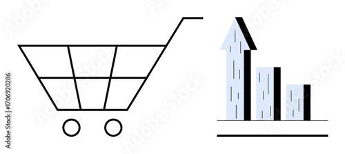 Minimalist shopping cart beside bar chart with upward arrow, symbolizing e-commerce success. Ideal for business, sales, e-commerce, analytics, profitability, growth, and simple landing page