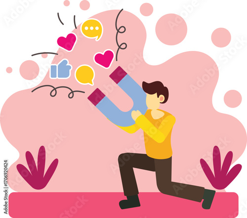 Man attracting social media likes and comments illustration