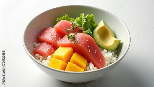 Delightful sashimi bowl composition, featuring colorful cuts of raw fish paired with golden mango, smooth avocado, and a bed of perfectly cooked rice for a refreshing fusion.