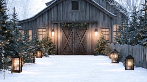 Cozy winter scene featuring a rustic wooden barn surrounded by snow-covered trees and lanterns