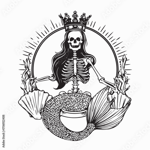 Skeleton Mermaid with Crown Vector Image isolated on white background