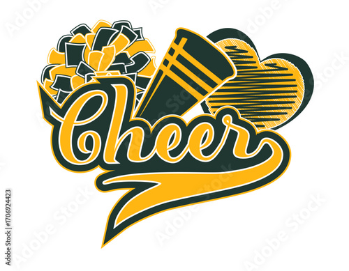 Gold and Dark Green Cheerleader illustration. Cheer with Pom-Poms and Megaphone.