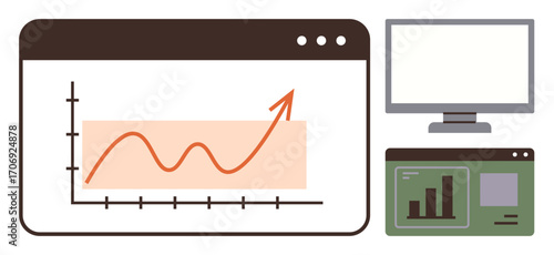 Chart with upward trend on a web page, green analytics screen, and computer monitor. Ideal for business growth, data analysis, statistics, reporting, performance tracking, finance simple flat