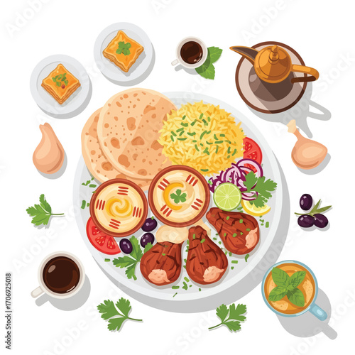 Delicious Middle Eastern Feast Hummus, Chicken, and Flatbread