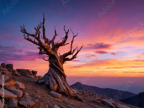 The Endurance of an Ancient Pine Tree at Sunset