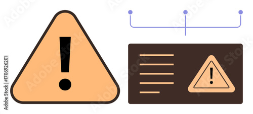 Yellow triangular warning with exclamation, text block on dark panel, and connected points diagram. Ideal for caution, safety, alert, communication, signage, information simple flat metaphor