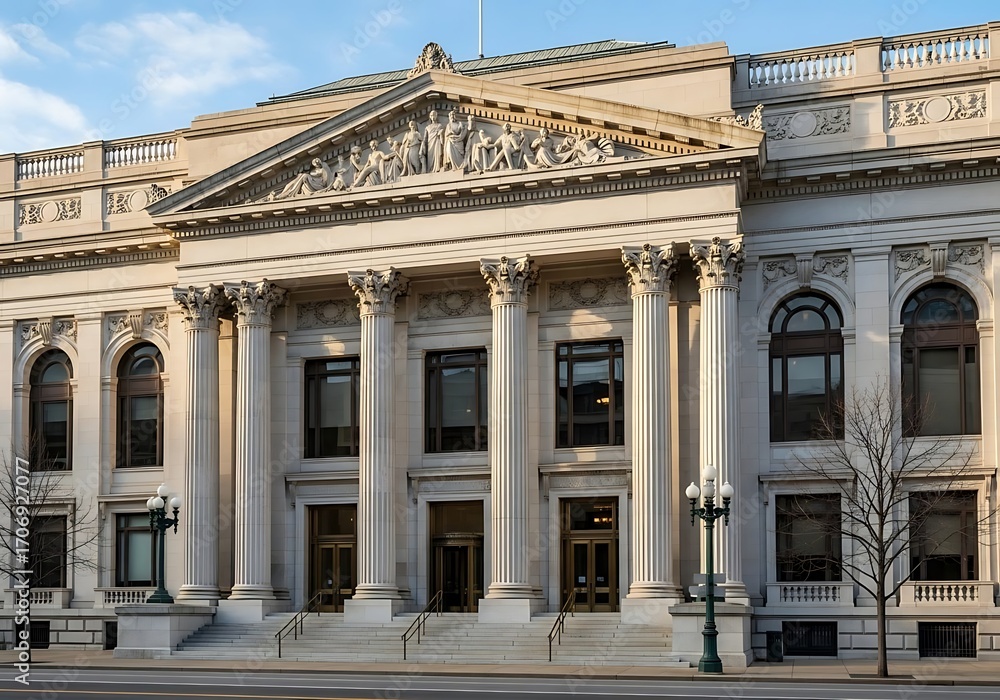 Fototapeta premium Elegant neoclassical courthouse exterior with majestic columns and ornate pediment, representing the enduring principles of justice and governance