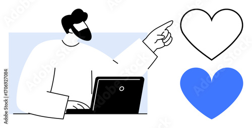 Man working on laptop and pointing at two heart shapes, one outlined, one blue. Ideal for emotion, decision-making, technology, user engagement, feedback system, relationships simple landing page