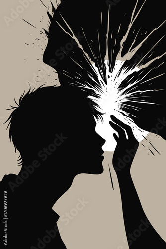 Abstract illustration of mental trauma and inner struggle – silhouette head with exploding mind