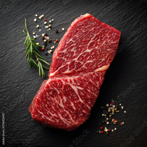 Raw marbled beef steak with rosemary and mixed peppercorns on black slate, fresh and appetizing red meat cut