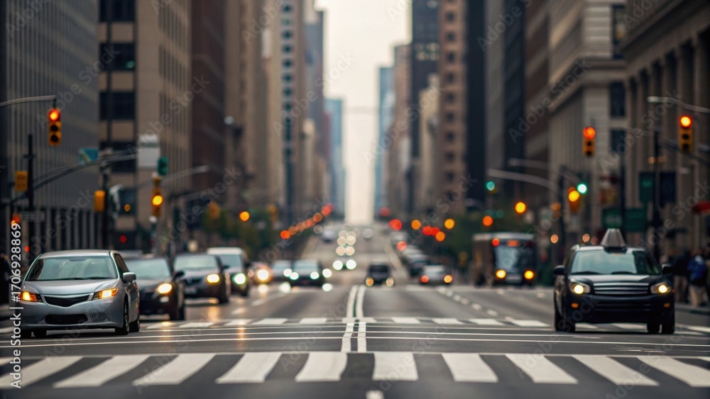 Fototapeta premium A busy city street with cars and traffic lights creates a dynamic urban scene, emphasizing the hustle and bustle of city life.