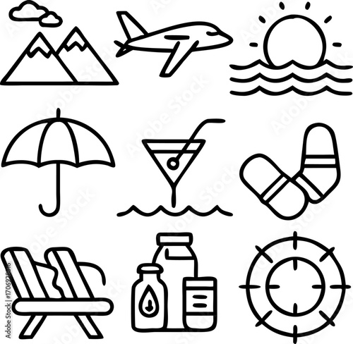 Vector art of summer vacation icon set the set includes icons of beach, umbrella, cocktail, island, mountain, and other summer vacation related