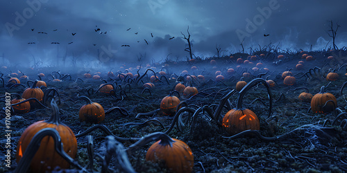 Spooky pumpkin patch glows eerily under a dark, foggy night sky with flying crows.