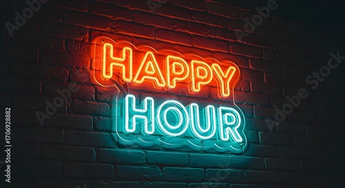 Happy Hour Neon Sign  Bold glowing neon Happy Hour sign on a textured wall, trendy Instagram aesthetic.