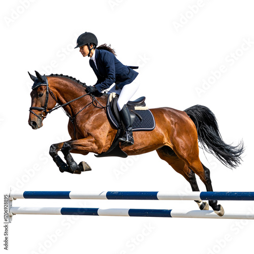 Professional Equestrian Leaping Over Jump on Bay Horse, Isolated