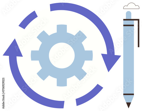 Gear and circular arrows symbolize process automation, surrounded by a pen for creativity and strategy. Ideal for innovation, workflow, productivity, planning, development, engineering, simple flat