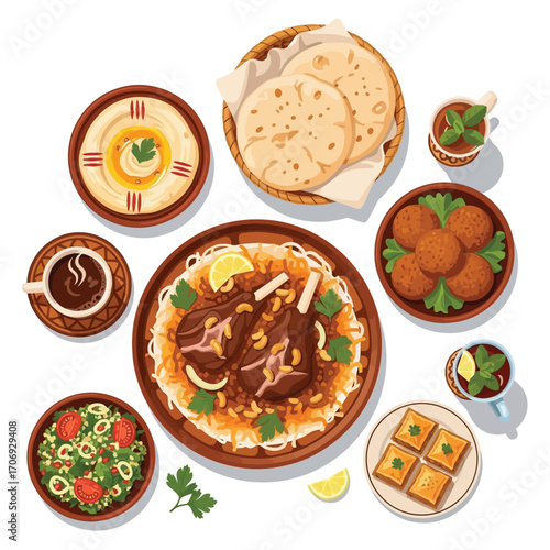 Delicious Middle Eastern Feast A Colorful Vector Illustration of Classic Dishes