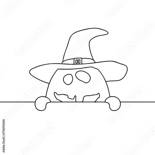 Outline for Coloring of Halloween pumpkin funny and cute peeks out behind the wall. One of the symbols of the autumn holiday. Vector Illustration.