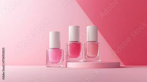 Three bottles of nail polish are on a pink background