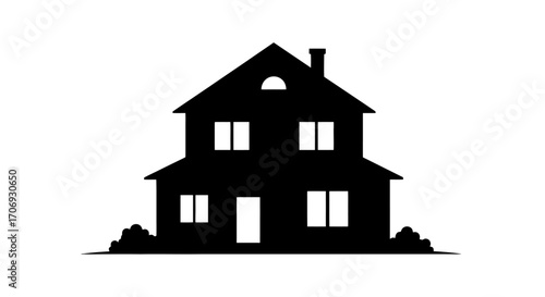 Minimalist Black Silhouette of a Two-Story House with a Chimney and Bushes, Ideal for Real Estate, Design, and Architectural Projects and Creating Seamless Patterns.