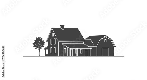 Minimalist Farmhouse Illustration Featuring Rural Architecture and Countryside Aesthetics, Ideal for Real Estate Marketing and Home Design Projects