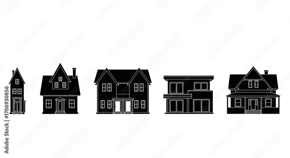 Fototapeta premium Diverse Silhouette Collection of Residential Houses for Architectural Visualization, Real Estate Presentations, and Urban Planning Projects.