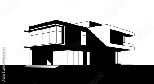 Modern architectural design featuring a minimalist house illustration, suitable for showcasing contemporary real estate, construction visuals and architectural presentations.