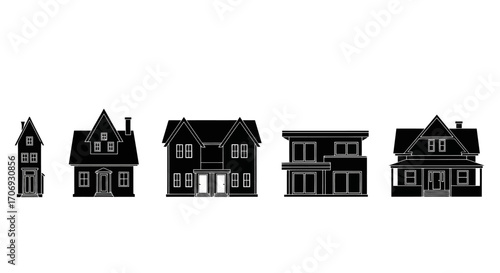 Diverse Silhouette Collection of Residential Houses for Architectural Visualization, Real Estate Presentations, and Urban Planning Projects.