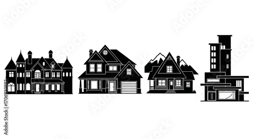 Diverse Silhouette Collection of Houses for Real Estate, Architecture, and Construction Projects, Promoting Home Ownership and Investment Opportunities