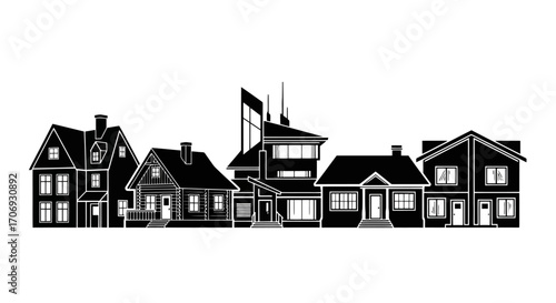 Silhouette Illustration of Suburban Houses for Architectural Visualization, City Planning, Real Estate Development, and Urban Design Projects
