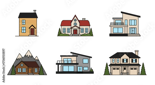 Diverse Collection of House Illustrations Showcasing Architectural Styles for Real Estate Marketing and Home Design Projects, Promoting Variety and Choice