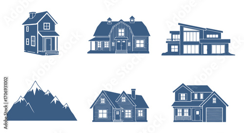 Diverse architectural house styles in blue vector silhouettes for real estate, construction, and design projects, appealing to potential homeowners and investors.