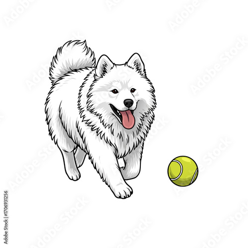 A happy white dog running towards a yellow tennis ball on a clean white background with a joyful expression and its tongue out in a playful outdoor setting with a cartoonish style