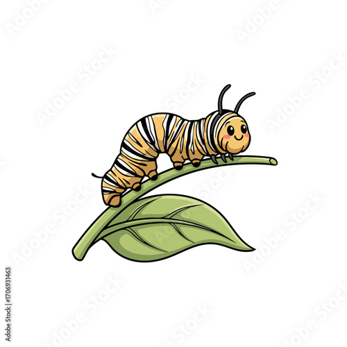 A cute and colorful caterpillar vector illustration sitting on a green leaf with a happy face looking sideways on a white background perfect for educational materials and