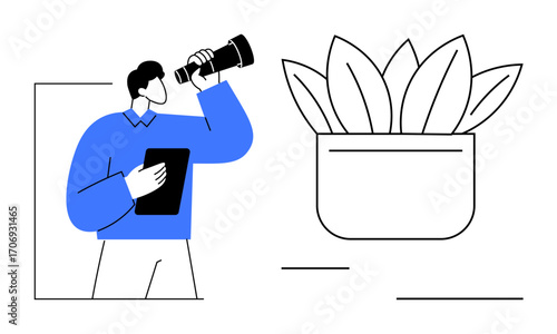 Person holding tablet and using telescope to observe plant growth. Ideal for growth, vision, exploration, sustainability, innovation, strategy, business inspiration, simple flat metaphor