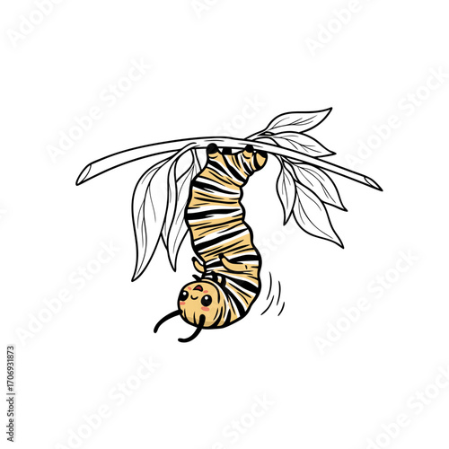 A detailed illustration of a monarch caterpillar vector hanging upside down from a leafy branch with a white background. 
The caterpillar has distinctive yellow and black stripes