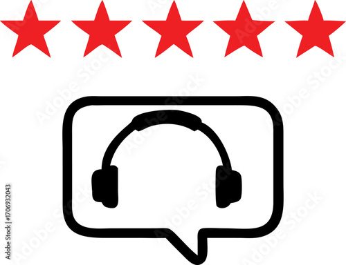 Vector art of customer service feedback rating with five stars the icon shows headphones in a speech bubble, indicating customer support