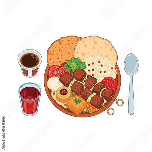 Exquisite Plate of Middle Eastern Food Kebab, Rice, and Sweet Treats